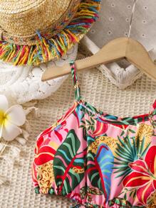 SHEIN Vestido con estampado de plantas tropicales, corte en la cintura y tirantes para niña, para vacaciones de verano - Multicolor - Ver 5