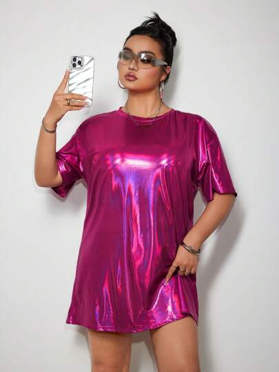 SHEIN ICON Plus Size Hot Pink Glitter Mini Dress: Casual Round Neck Short Sleeve Knitted Fabric Dress For Women