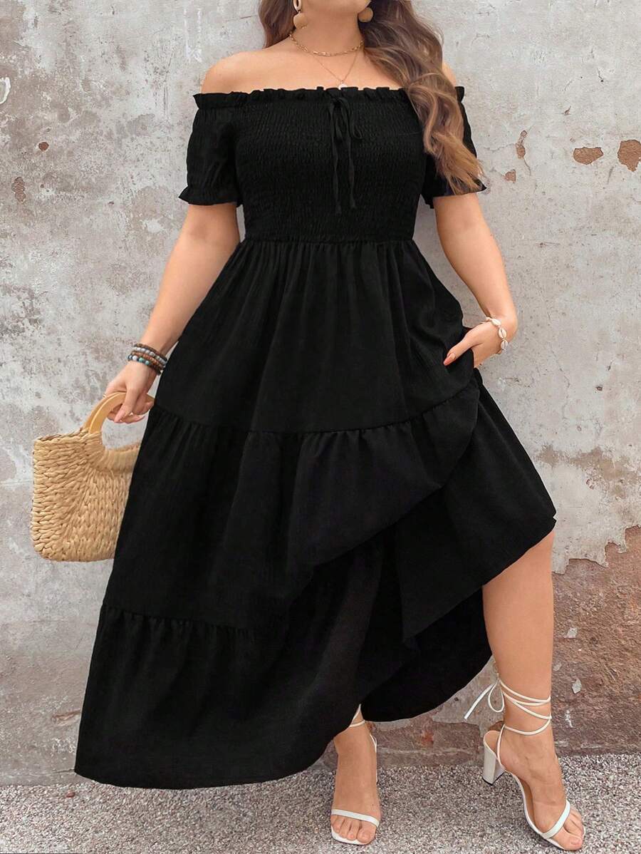 SHEIN CURVE+ Plus Size Women's Elegant Commuter Vintage Casual Fashion Versatile Hot-Selling Textured Frill Trim Bowd Elastic Waist Swing Dress, Black, Spring/Summer/Autumn - Black - View 1