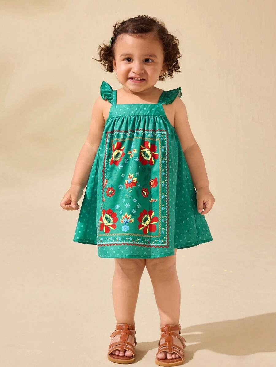 SHEIN Young Girl Cute Summer Green Floral Pattern Cap Sleeve Dress - Multicolor - View 1