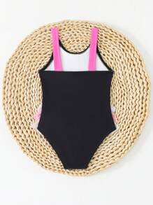 SHEIN Baby Girl Animal Print Mesh Patchwork Crew Neck One-Piece Swimsuit Baby Clothes For Girls Cute Baby Clothes Girl Cheap Baby Girl Clothes Baby Outfits For Girls Cute Baby Girl Clothes - Black - View 2