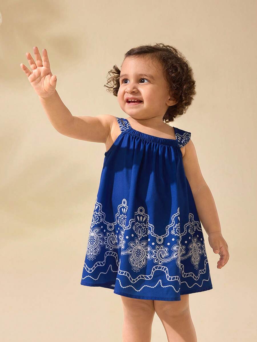 Robe d'été bleue ample à bretelles avec imprimé floral mignon pour bébé ...