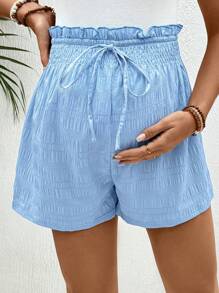 SHEIN Elastic Waist Wide-Leg Maternity Shorts, Solid Color, Fashionable For Summer - Baby Blue - View 3