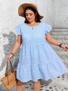 SHEIN CURVE+ Plus Size Women's Casual Cute Checkered Print Round Neck Cap Sleeve Lotus Leaf Sleeve Dress For Spring And Summer