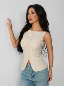 SHEIN PETITE 女式无袖几何纹理单排扣休闲衬衫，几何纹理和微弹力面料，女式修身背心，优雅时尚，适合通勤，简约时尚休闲日常吊带背心，春夏，无袖上衣，老式衬衫，女士西装 - 杏色 - 查看 7