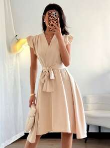 Islaluna Abito elegante da donna con scollo a V incrociato, maniche a volant e lacci, modello a-line, adatto per l'ufficio