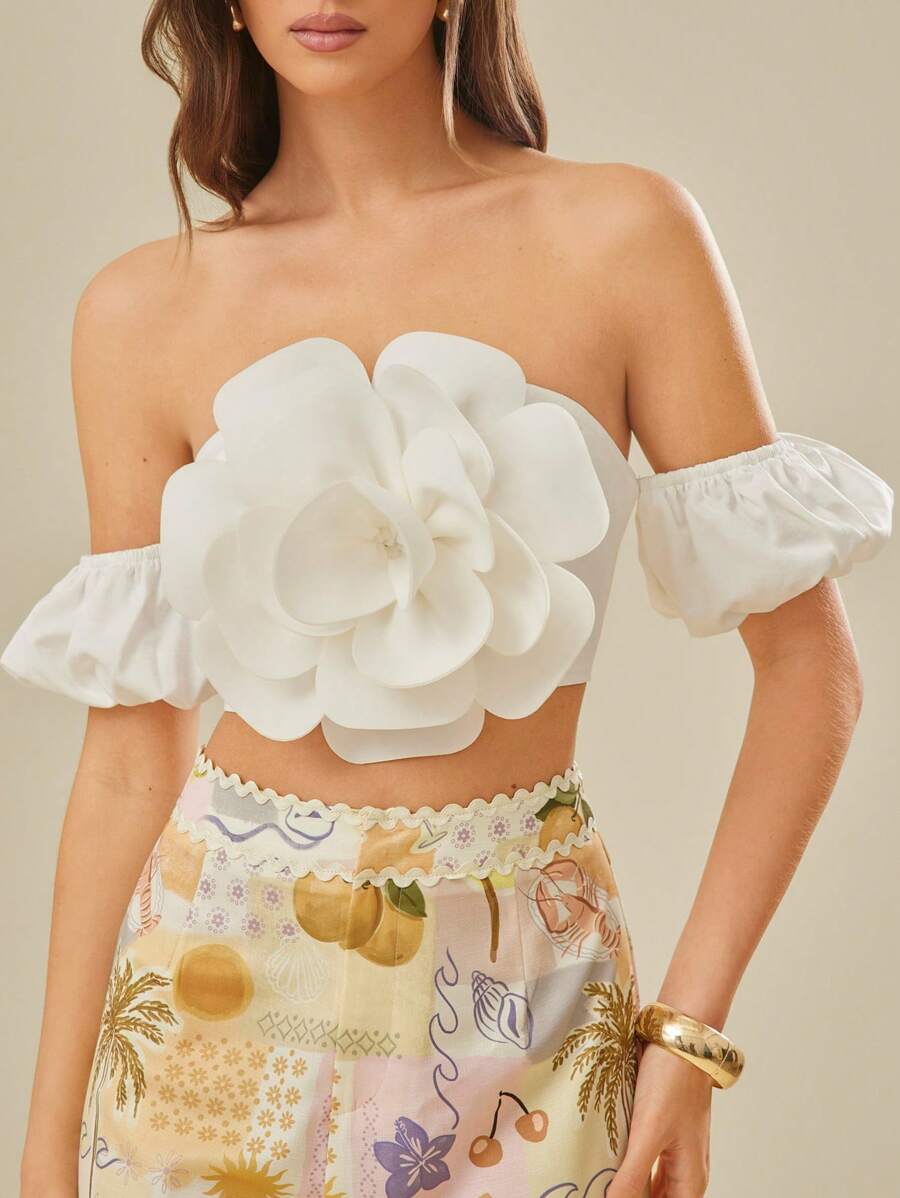 L'Amorae Women's Solid Color 3D Floral Off Shoulder Top, Fashionable For Summer, Vacation, Beach