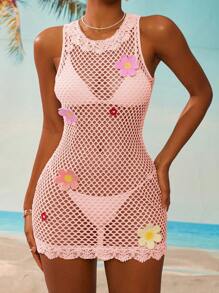 Swim Mod Summer Clothes Women's Sweet Floral Crochet Edge 3D Floral Decor Dress/Mini Skirt/Beach Cover Up, Fashionable For Music Festivals, Spring/Summer New Arrival - Pink - View 5