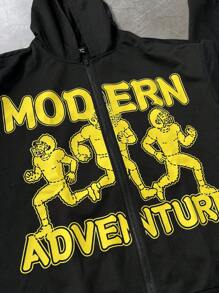 Manfinity EMRG Men's Black Fabric Zip-Up Hoodie With Modern Adventure Graphic Print Long Sleeve Hooded Regular Length Casual Wear - Black - View 5