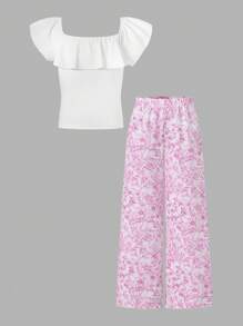 Girls Teen Ditsy Floral 2 Pieces Set: Ruffle Trim Cropped Knit Top & Floral Wide-Leg Pants, Elegant Princess-Style Outfit For Wedding Season, School, Campus, College - Multicolor - View 3