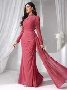 Coutiva Women Stand Collar Faux Pearl Long Evening Gown, Wedding Guest Dress Dress, Party Dress, Formal Dress