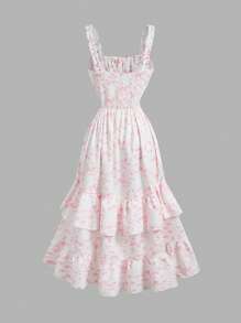 SHEIN MOD Váy nữ xếp nếp cổ điển lãng mạn hoa hồng trắng, váy thanh lịch, váy tiệc trà, váy hẹn hò nữ, váy ngày lễ tình nhân, váy mùa hè, váy bohemian, váy đi du ngoạn, váy đi biển - Hồng - Xem 2