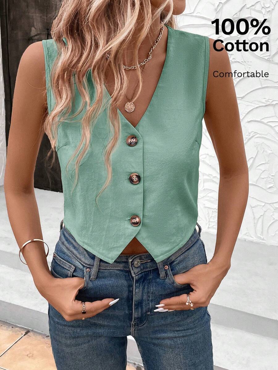 SHEIN LUNE 办公室女士纯色单排扣V领无袖休闲衬衫