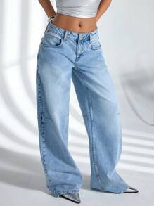 EURMUSE Y2K Low Waist Wide Leg Jeans, Vintage Wash - Medium Wash - View 5