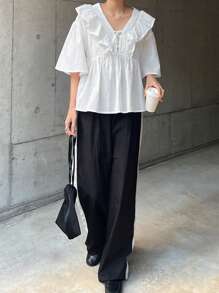 FRIFUL Women White Loose Ruffled Hem Short Blouse, Cute Shirt Ruffled Top, Summer,Babydoll Top - White - View 2