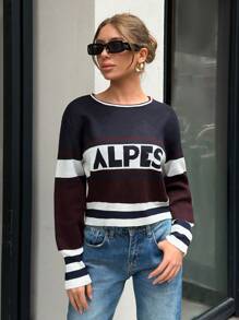 EURMUSE Women Round Neck Alpes Letter Ski Jacquard Multicolor Striped Casual Sweater Pullover,Jumper,Cream Jumper,Jumpers,Black Jumper,Womens Jumper,White Jumper,Women's Jumper,Women's Jumpers,Winter Clothes - Black - View 3