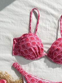 SHEIN Swim 2pcs Women High Elastic Printed Bikini Set - Printed Bikini Top And Sexy Thong Bikini Bottom, For Beach, Pool Party, Summer - Multicolor - View 4