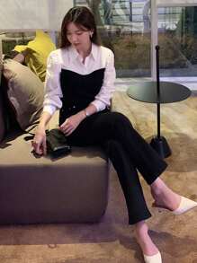 DAZY 撞色二合一泡泡袖衬衫，秋季长袖上衣 - 黑與白 - 查看 6