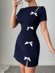 Vestido ajustado con decoración de lazo, de manga corta, elegante, romántico y de estilo para oficina y para mujeres - Azul marino - Ver 7