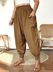 Calvaya 大码女式纯色松紧腰口袋抽绳踝带日常百搭哈伦裤