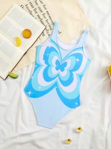SHEIN Tween Girls' Butterfly Print One-Piece Swimsuit, Summer Beach Vacation - Multicolor - View 2