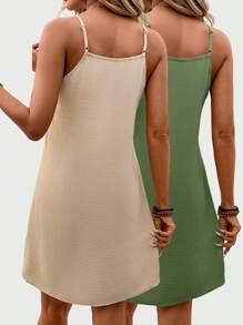 SHEIN LUNE 2pcs Women Casual Solid Color Sleeveless Camisole And Mini Dress Outfit, Daily Basic Clothing For Spring/Summer Summer Dresses For Women
