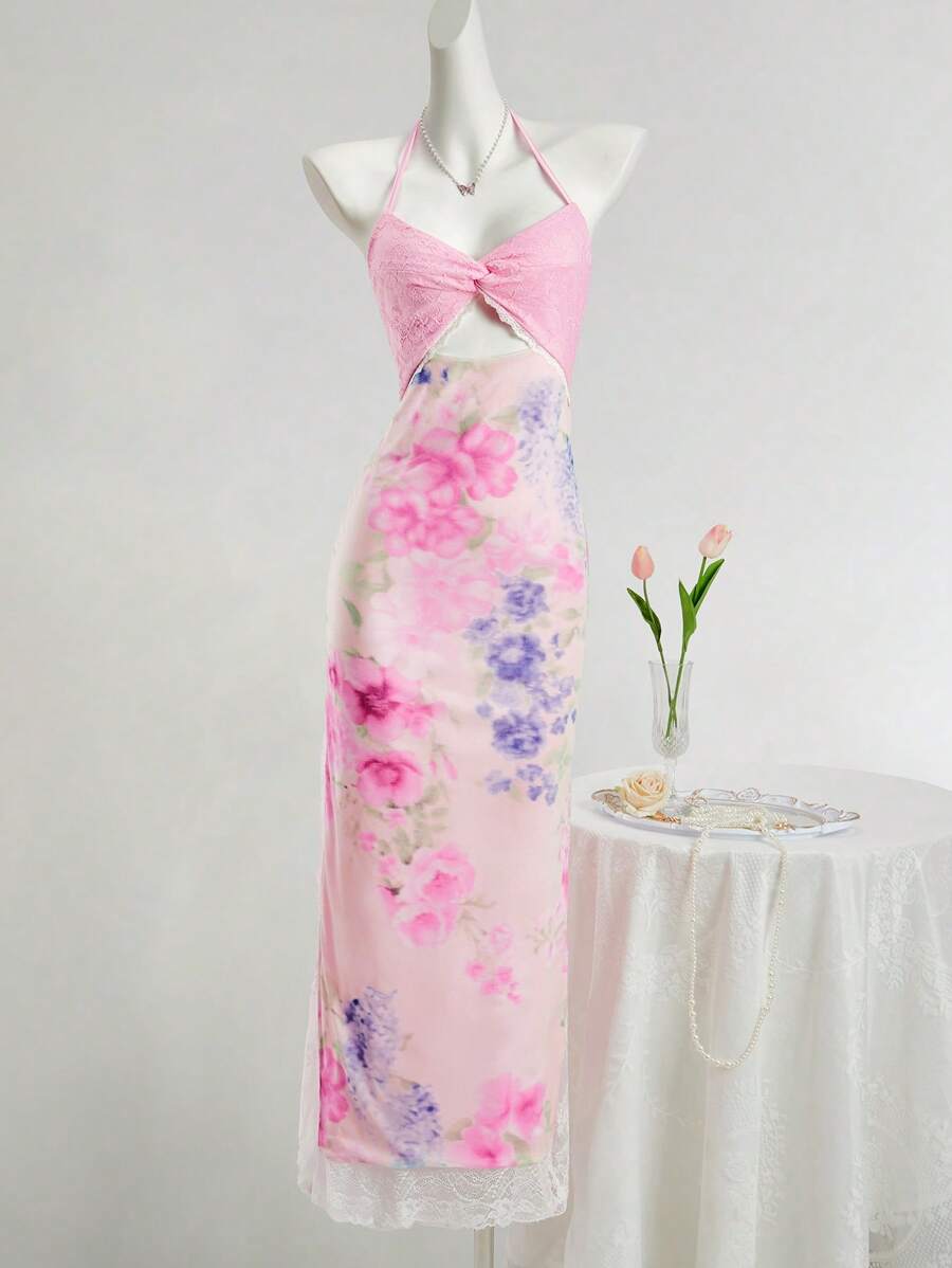Sweetina Women's Pink Floral Summer Elegant Party Dress,Twist Front Spaghetti Strap Boho Vacation Outfits,Casual Wedding Guest Graduation Easter Rave Clothes - Pink - View 1