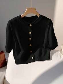 Comfortcana 女士纯色短袖开衫，简约风格，适合春秋季节 - 黑色 - 查看 6