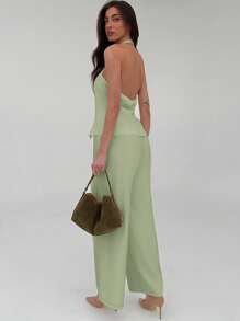 Aloruh Elegant Commuter Solid Color Metal Buckle Decor Cardigan And Straight Leg Pants Two Pieces Outfit, Versatile For Outings