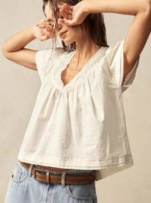 Bohemela BOHO Solid Woven V-Neck Short Sleeve Loose Blouse For Women