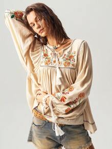 Bohemela 1 件女士度假纯色梭织镂空 V 领长袖衬衫 - 杏色 - 查看 7