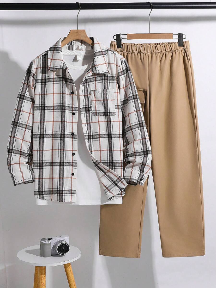 SHEIN 2件組青少年男孩休閒格紋領襯衫與工裝褲套裝,返校季秋季畢業領帶染配色,秋冬百搭極簡穿搭 - 白色 - 查看 1