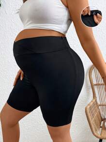 Plussiva Maternity Plus Size Solid Color Adjustable Waist Casual Shorts - Black - View 8