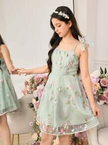 Pitira Pitira Váy yếm lưới thêu hoa thanh lịch mùa hè cho bé gái tuổi teen - màu xanh lá - Xem 3