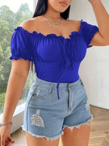 Flirla Plus Size Off-Shoulder Short Sleeve T-Shirt, Solid Color, Fashion, Suitable For Summer - Royal Blue - View 3