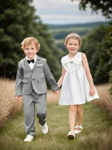 SHEIN Glamorique Kids 年輕女孩們素色派對禮服和假領子 - 白色 - 查看 4