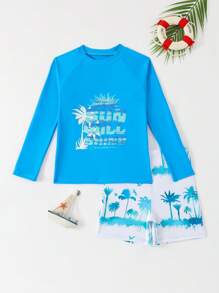 SHEIN Tween Boy Coconut Tree Print Swimwear Set, Holiday Beach - Multicolor - View 3
