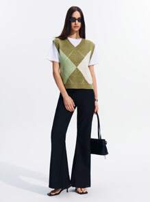 LYSMO Chaleco de punto con escote en V, casual, con patrón de diamantes estilo universitario para mujeres