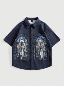 ROMWE MEN Street Life Men's Religious Style Printed Denim Short Sleeve Shirt - Black - View 5