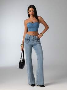 Aloruh Women Casual Washed Low-Waist Fitted Flared Jeans - Light Wash - View 1