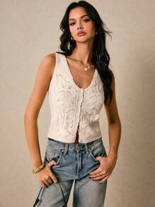 Poéselle Chic Chunky Knit Crop Top - Perfect For Effortless Summer Style,Summer Knit Tops,  Crop Tops, Women's Casual Wear, Boho Knitwear, Stylish Summer Outfits - Apricot - View 7