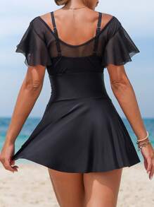 Swim Lushoire V-Neck Ruffled Sleeve Mesh Patchwork Solid Color One-Piece Swimwear Dress For Women, Summer New Arrival - Black - View 2