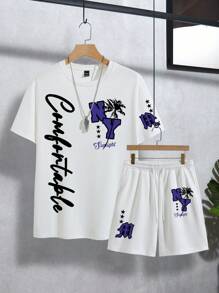 Manfinity RSRT Men's Letter Print Round Neck Short Sleeve Casual T-Shirt And Drawstring Waist Shorts Set Men's 2 Pieces Outfits Summer