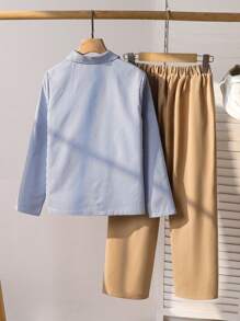 SHEIN 2pcs Boys Gentleman Outfit: Stripe Long Sleeve Printed Shirt + Trousers, Elegant Outfit For Valentine's Day, Birthday Party, Evening Event, Wedding, Christening, Anniversary