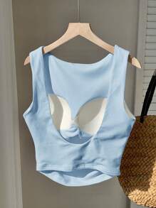 SHEIN EZwear 浅蓝色棉质衬里短款露背背心，春夏 - 藍色 - 查看 6