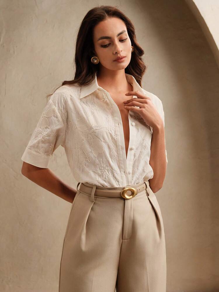 Women Summer Elegant Vacation Holiday Beach Festival Embroidered Sheer Cardigan Short Sleeve Shirt