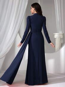 Coutiva 女士立领仿珍珠装饰长款晚礼服、优雅连衣裙、派对礼服、婚礼宾客礼服、正式礼服 - 藏蓝色 - 查看 2