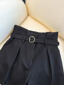 Franclia Women's A-Line Ruched Waist Loose Shorts With Belt - Black - View 3