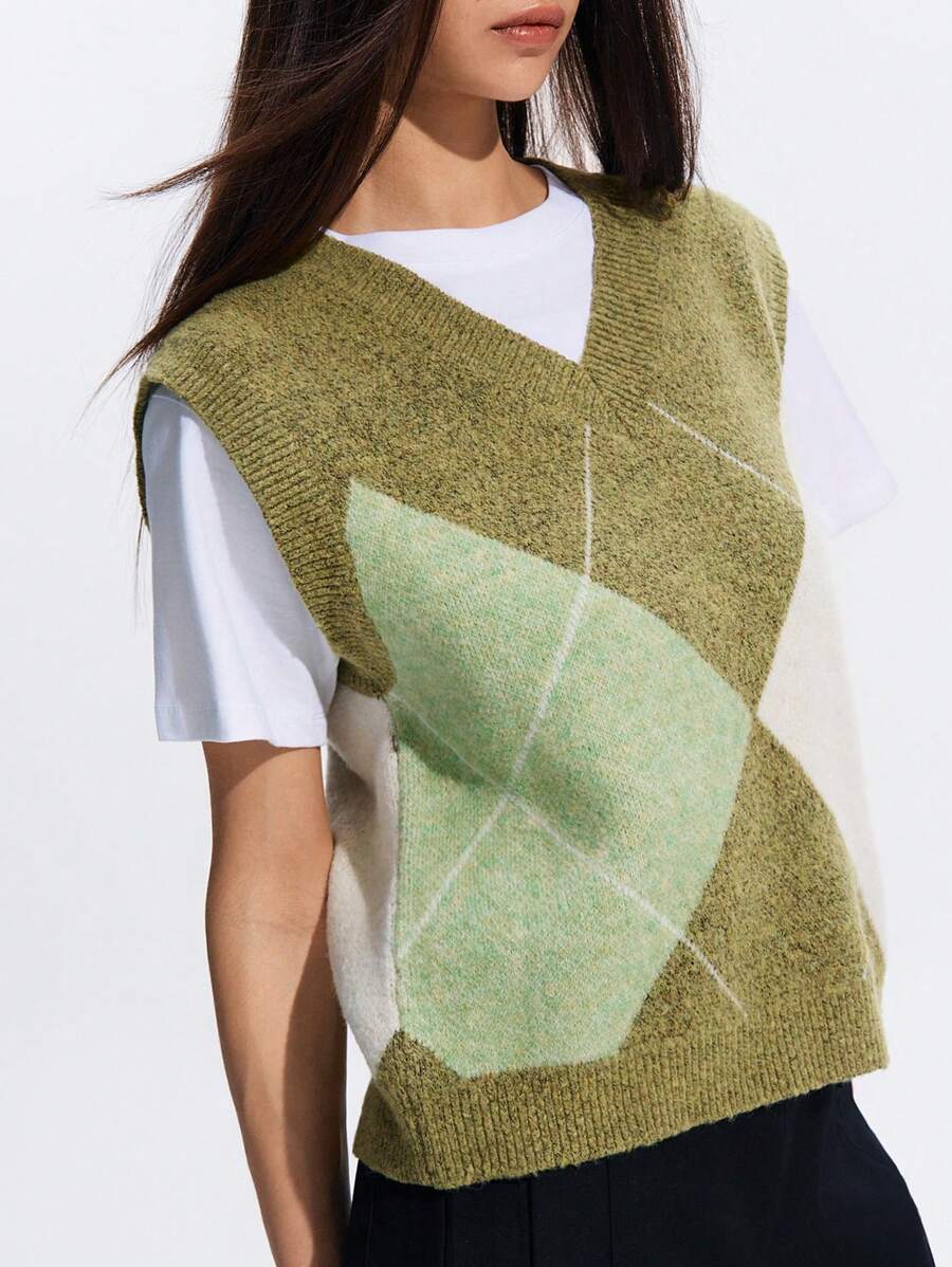 LYSMO Women's Multicolor Argyle Rib-Knit V-Neck Sweater Vest: A Casual & Stylish Knitwear Piece - Multicolor - View 1