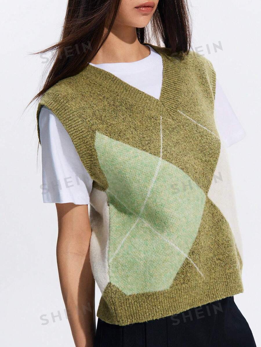 LYSMO Chaleco de punto con escote en V, casual, con patrón de diamantes estilo universitario para mujeres